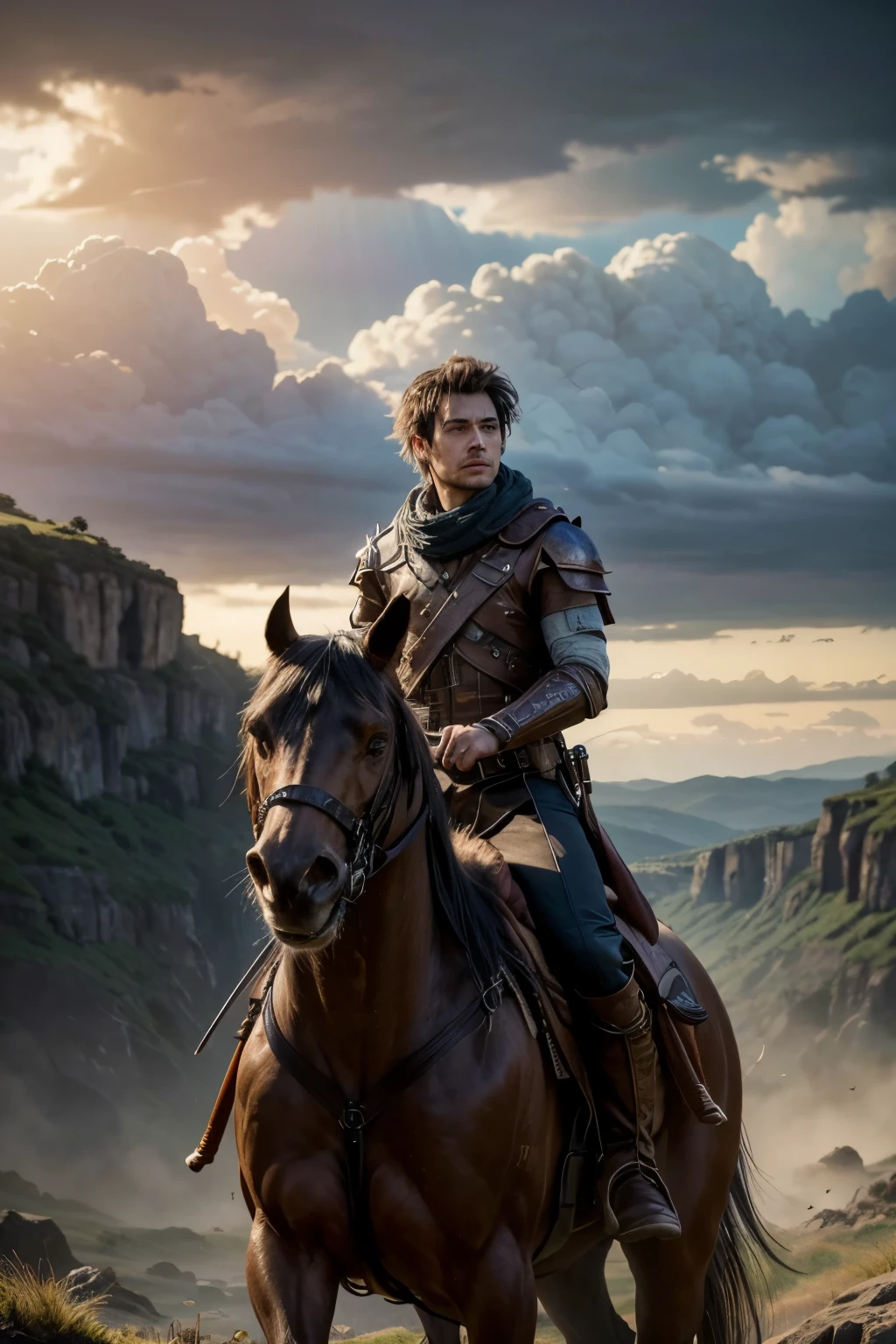 a warrior traveler riding his raptor looking at the horizon, highly detailed, fantasy, digital art, vibrant colors, dramatic lighting, cinematic, epic, intricate details, beautiful fantasy landscape, lush vegetation, dramatic clouds, sun rays, dramatic atmosphere, photorealistic, (best quality,4k,8k,highres,masterpiece:1.2),ultra-detailed,(realistic,photorealistic,photo-realistic:1.37)