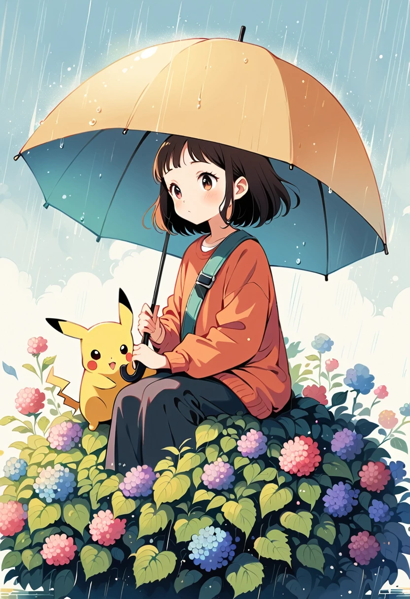 ((anime:1.4,illustration)),(masterpiece, top quality, best quality),(ultra-detailed, absolutely resolution),((16k, high res)),
(((A sphere made of hydrangeas, Pikachu standing on it with umbrella, rain, light blue background))
((cozy lofi illustration:1.4)), ((anime:1.4, illustration)),(masterpiece, top quality, best quality),(ultra-detailed, absolutely resolution),((16k, high res)) BREAK {lofi art, style of Laurie Greasley, style of Makoto Shinkai, anime aesthetic}, BREAK { (produces images with information than 40 million pixels with cinematic-like detailed textures shot on a Sony SLR).}