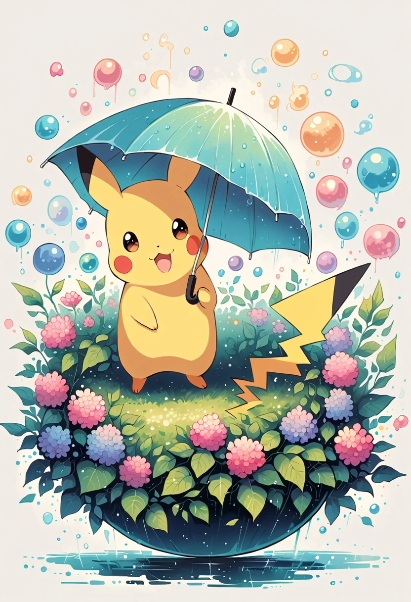 ((anime:1.4,illustration)),(masterpiece, top quality, best quality),(ultra-detailed, absolutely resolution),((16k, high res)),
(((A sphere made of hydrangeas, Pikachu standing on it with umbrella, rain, light blue background))
((cozy lofi illustration:1.4)), ((anime:1.4, illustration)),(masterpiece, top quality, best quality),(ultra-detailed, absolutely resolution),((16k, high res)) BREAK {lofi art, style of Laurie Greasley, style of Makoto Shinkai, anime aesthetic}, BREAK { (produces images with information than 40 million pixels with cinematic-like detailed textures shot on a Sony SLR).}