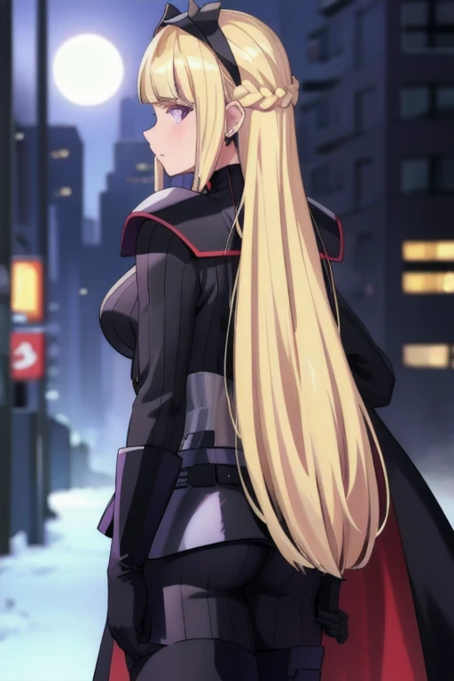 AmSW,long hair,blonde hair,black gloves,purple eyes,black hairband,cape,black bodysuit,medium breasts,braid,blunt bangs,from behind, city