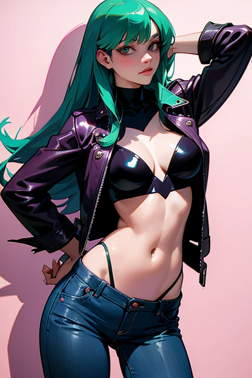 Morrigan Aensland long hair  Leather Jacket and Jeans Sexy