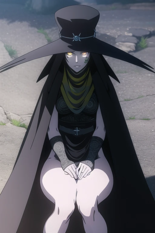 Scathach, solo, female1, shin megami tensei, cape hat, black cape, flower tattoo, gloves, white skin, (yellow eyes 1.5)flowing, sitting, shirt, smile,
BREAK looking at viewer,
BREAK outdoors,
BREAK (masterpiece:1.2), best quality, high resolution, unity 8k wallpaper, (illustration:0.8), (beautiful detailed eyes:1.6), extremely detailed face, perfect lighting, extremely detailed CG, (perfect hands, perfect anatomy),