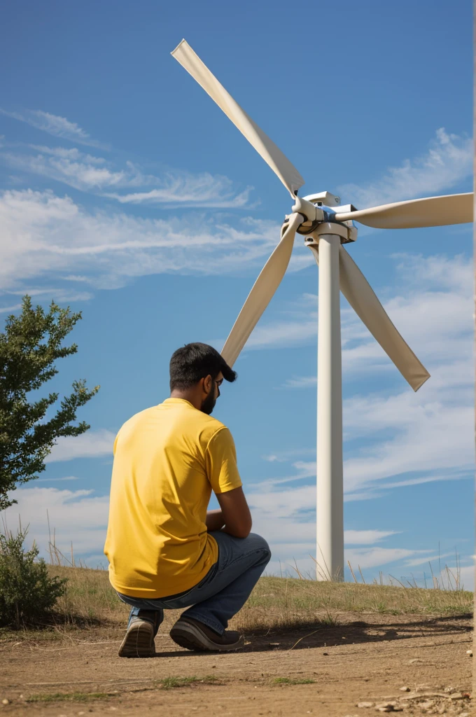 A person installing a wind generator