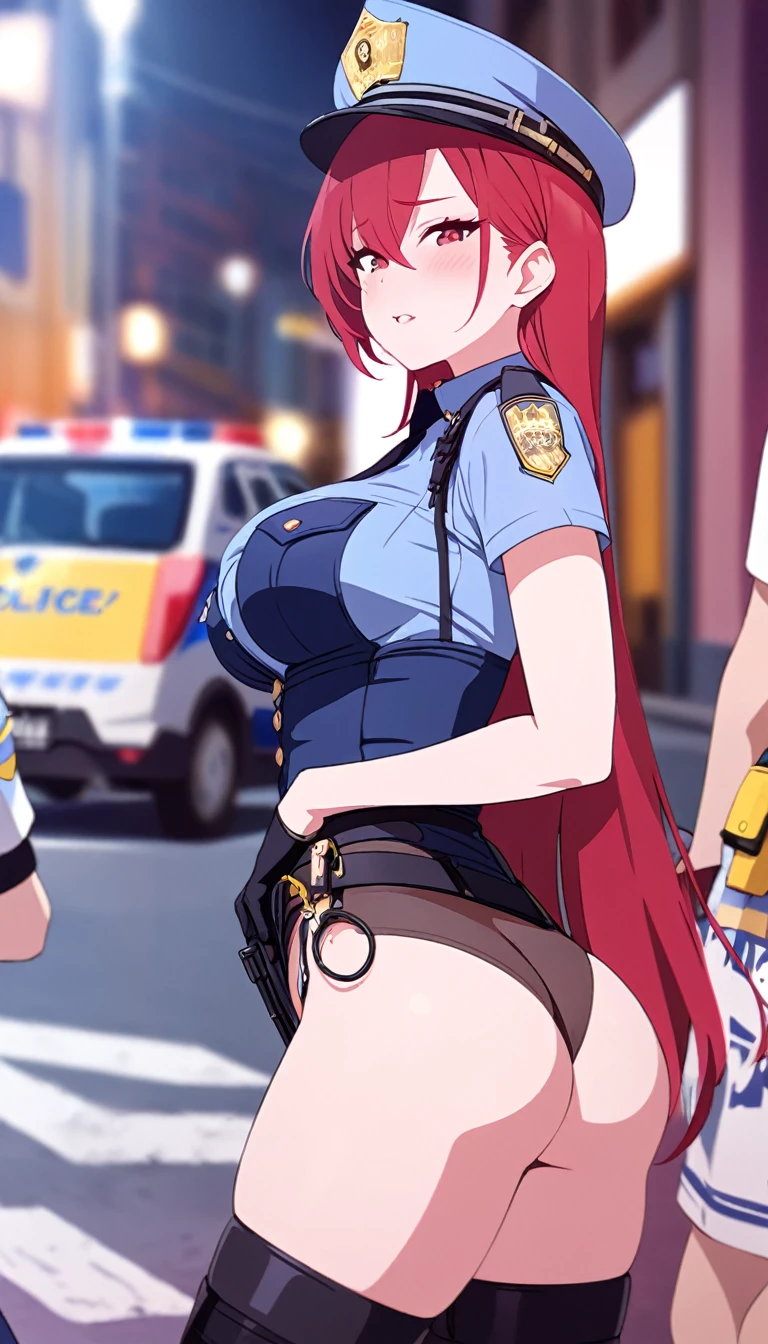 High quality, Red hair, Police woman, Sexy outfit, Slut, in public, 4k 