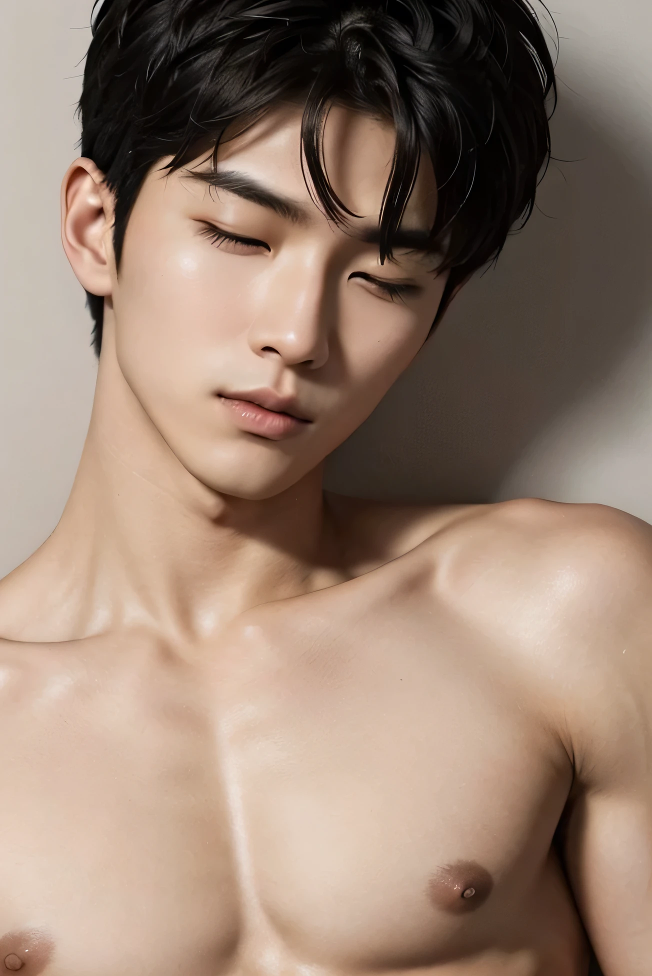 Two handsome guys 2 asian male models adult Black Hair short hair Short cut Beautiful Skin No clothes whatsoever nude You can see the sleeping face and body facing the camera. sleeping face Natural feel Close ~ eyes Nothing but people Nothing but people Gray plain background