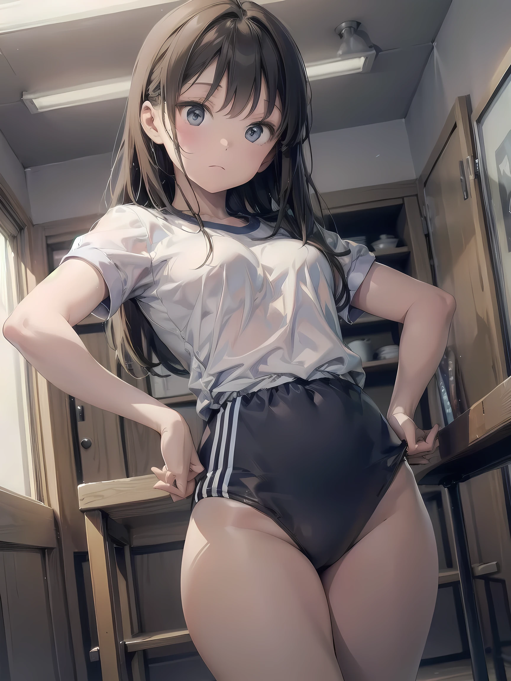 (Realistic, photo Realistic:1.2), ((highest quality)), Shift the center of gravity backwards, expressionless, (adjusting clothes:1.2), thighs, looking at viewer, gym uniform, Bloomers, adjusting shirt