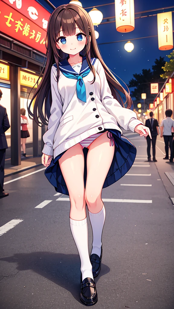 {Highest quality], [Super beautiful], [Ultra fine], [Best illustration], NSFW,Brown Hair, Hime cut, Long Hair, With bangs, girl,high school student,uniform,knit,skirt,smile, blush, Slender women, Adult women,Standing posture,(Public),Night Park,Summer festival,diagonal, Navy blue knee socks,Black Loafers、Stripes々
Panties、Skirt tucked up