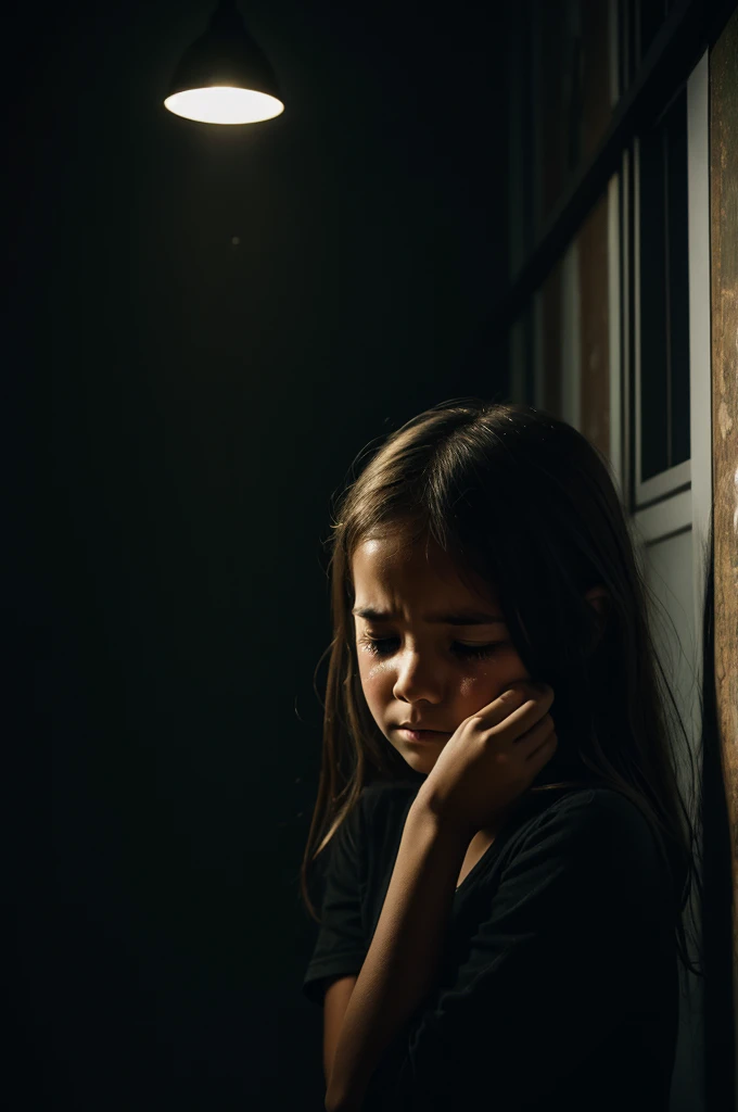 Create an image of a girl in a dark room and crying
