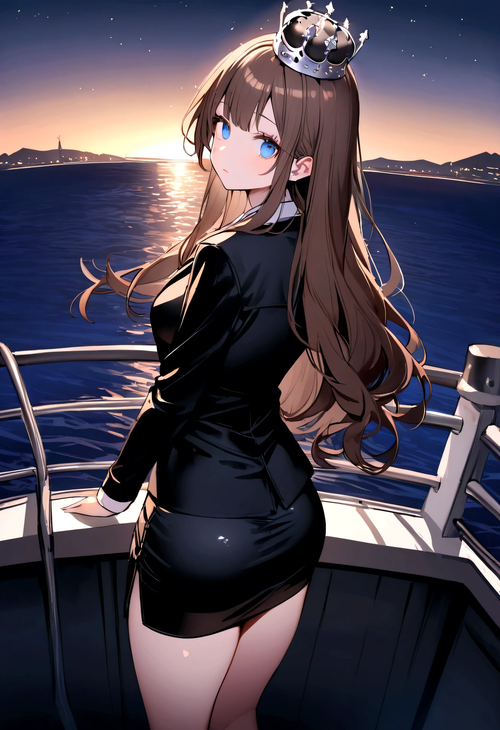 (Highest quality)(1 woman,single,long hair,brown hair,blue eyes,sexy figure ,Black suit shirt,black skirt,There is a small silver crown on the head.,Turn to look at the viewer,standing on the edge of a yacht(boat roof, overlooking the sea, Detailed background (little light pollution)) look back