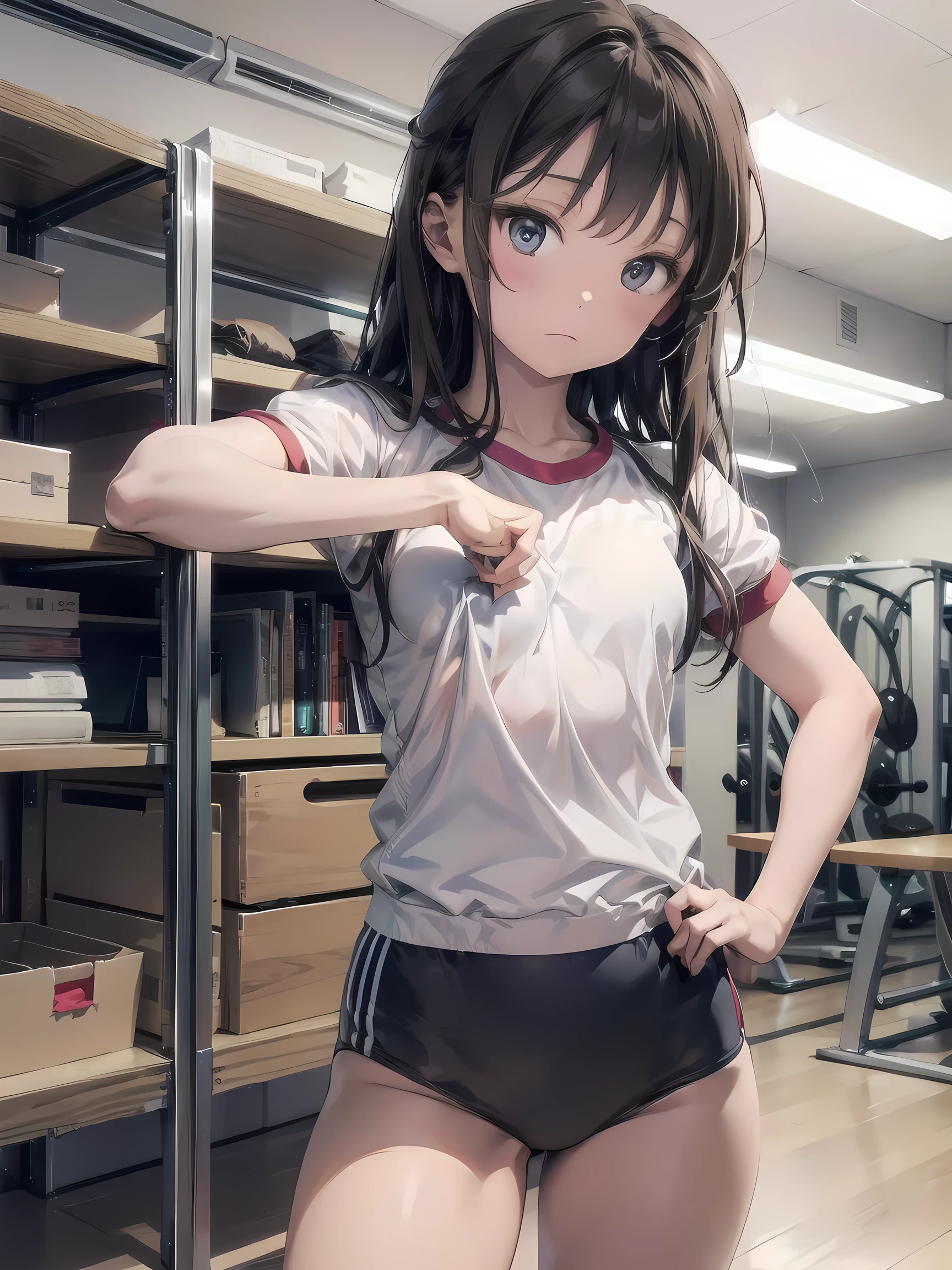  (Realistic, photo Realistic:1.2), ((highest quality)), Shift the center of gravity backwards, expressionless, (adjusting clothes:1.2), thighs, looking at viewer, gym uniform, Bloomers, adjusting shirt