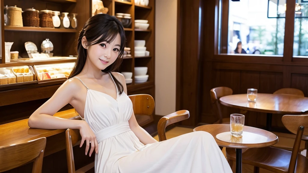 ・Makicho hostess ・Japanese woman in her 20s ・Thin eyebrows and long narrow eyes、High nose、Small mouth, gorgeous white dress, sitting on a chair while serving customers, luxurious atmosphere inside the store