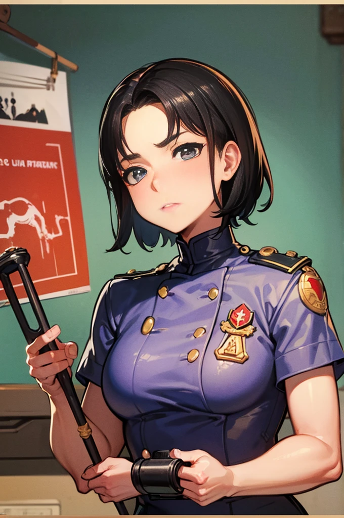 Arte Inspirada John Buscema, World War II poster, vemos uma enfermeira (1mulher)segurando uma pasta, uniforme hospitalar perfeito, short hair up to the shoulders, cor negro, olhos verdes claros, seios pequenos, corpo delgado, imponente em uma tenda hospitalar no Fronte, Cannon fire, A scene showing seriousness and conviction,peitos grandes,de baixo pra cima