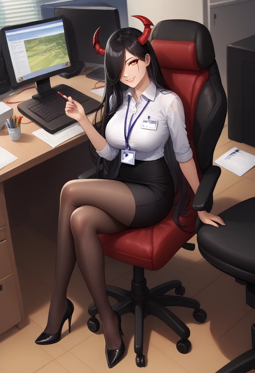 score_9, score_8_up, score_7_up, source_anime, 1girl, alternate costume, black footwear, black hair, black pantyhose, black skirt, breasts, chair, collared shirt, computer, crossed legs, desk, full body, hair over one eye, high heels, horns, id card, indoors, lanyard, large breasts, long hair, looking at viewer, office lady, pantyhose, pencil skirt, shirt, sitting, skirt, smile, solo, swivel chair, taut clothes, taut shirt, very long hair, yellow eyes, azlnfrdrchdg, good_hands