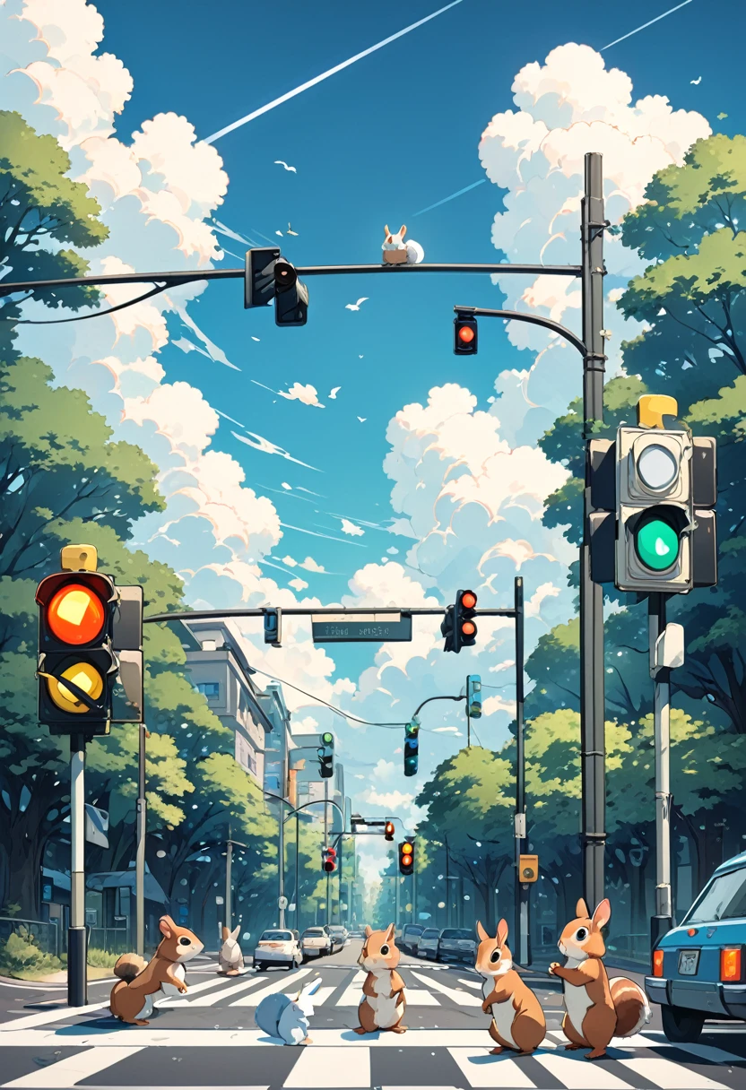 Traffic lights flashing blue against a blue sky in the forest、Traffic lights floating in the sky、Animal Traffic Lights、Rabbits and squirrels are waiting for the traffic light at the crosswalk、Large rabbit and squirrel in the center、The traffic light is flashing blue、White clouds on a clear sky、Face Highlights、Lo-fi art style, Nostalgic and melancholic artwork,