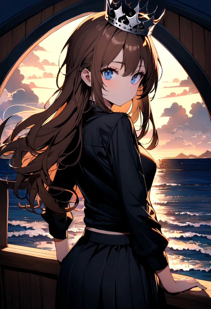 (Highest quality)(1 woman,single,long hair,brown hair,blue eyes,sexy figure ,Black suit shirt,black skirt,There is a small silver crown on the head.,Turn to look at the viewer,standing on the edge of the boat,Beautiful lighting.(boat roof, overlooking the sea, Detailed background (little light pollution)) look back