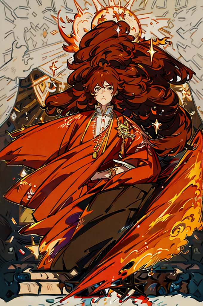 High-quality digital painting of a young man with long flowing brown hair and piercing orange eyes, adorned in majestic royal attire, controlling vibrant flames with a single pair of enormous crimson wings sprouting from his back, intense and powerful, detailed hair and facial features without facial hair and without fire or accessories on the face looking forward, fiery and majestic, fantasy, vibrant color palette, dramatic lighting