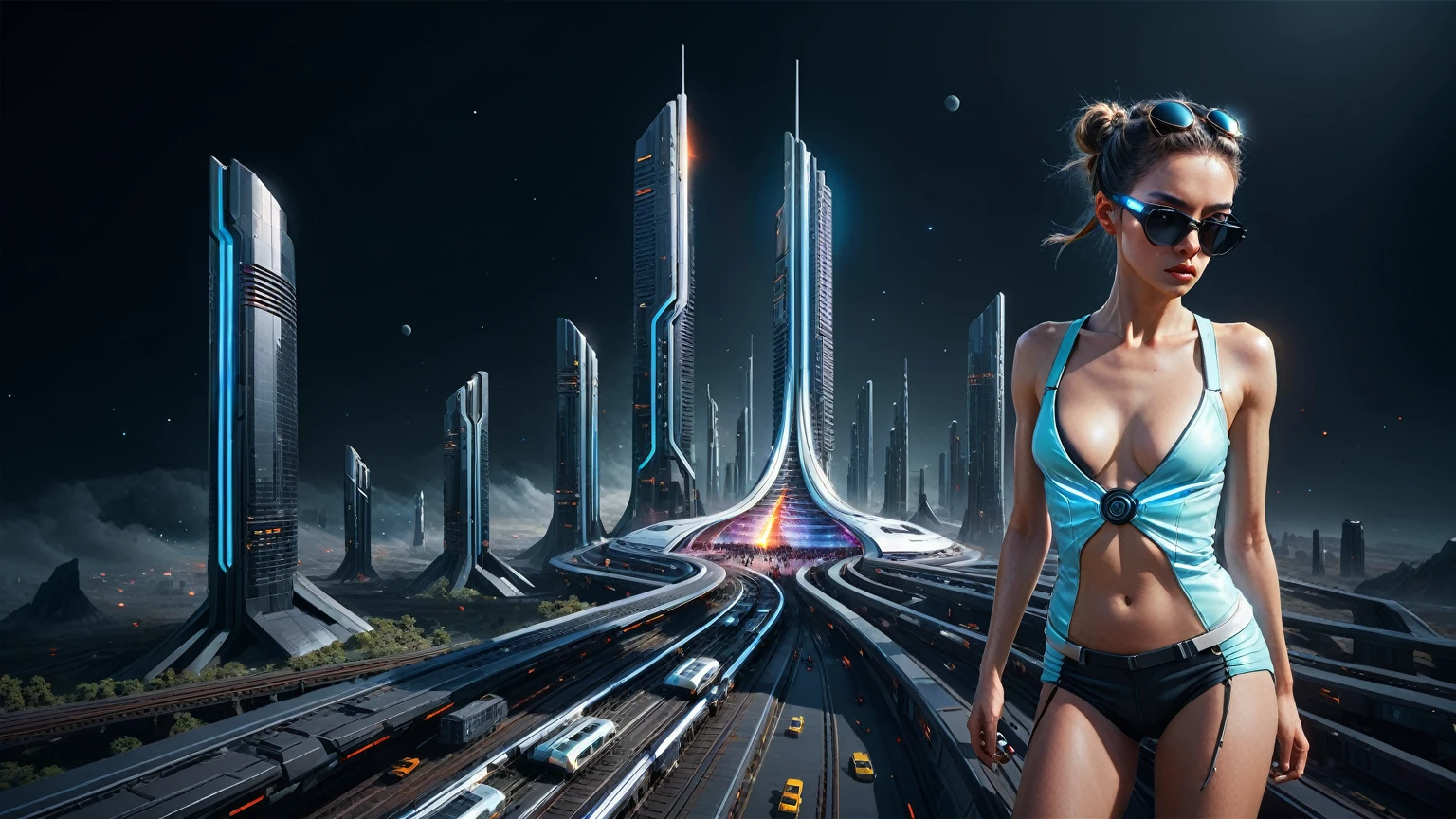 Brightly colored abstract aerial view image of a futuristic railway station with a spiral, a (((((futuristic all-glass train))))) passing by, epic beautiful space sci-fi, chaotic cinematic space rift, Greg Beeple, planets colliding, Beeple and Tim Hildebrandt, Beeple and Jean Giraud, end of the universe, (((((giant abstract sculpture))))), galaxy space sci-fi, ringworld, by Mike "Beeple" Winkelmann. Matrix style, (((((Matrix cascading code))))), (((((a futuristic twin tower skyscraper with a unique twisted design))))), (((((OLED GUI interfaces in the building))))), at night, (((((1girl, solo))))), photo realistic, (((large-breast:1.2 body, cleavage))), (((off broken mini sling-shirt and black sling bra, extreamly short pleated miniskirt exposing panty))), (((((running pose))))), (((((((matrix style black micro sunglasses))))))), ((((((((((aiming with a short gun)))))))))), (((((looking at camera))))), (((very low view))), (((((half-body thigh level medium shot))))), (((cinematic lighting))).