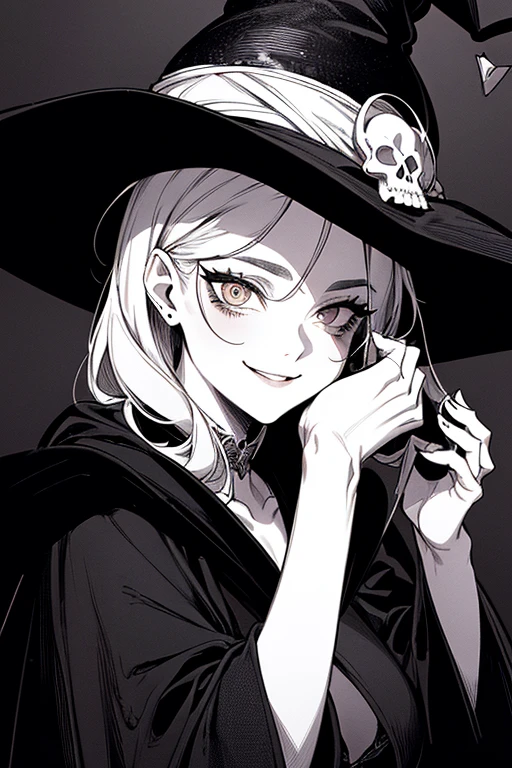 Bra Prima, top quality, (background fine detail), high contrast, one beautiful woman, crazy smile, crazy eyes, black pointy hat, close-up of head, black robe, skull background, (black background: 1.5), clean line drawing