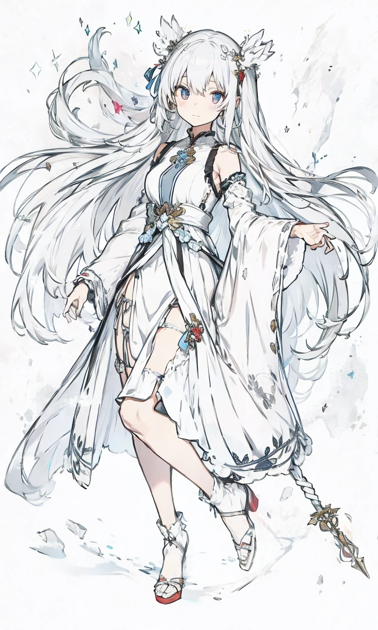 miko dress,big chest,white hair,full body, staff , Red Skirts 