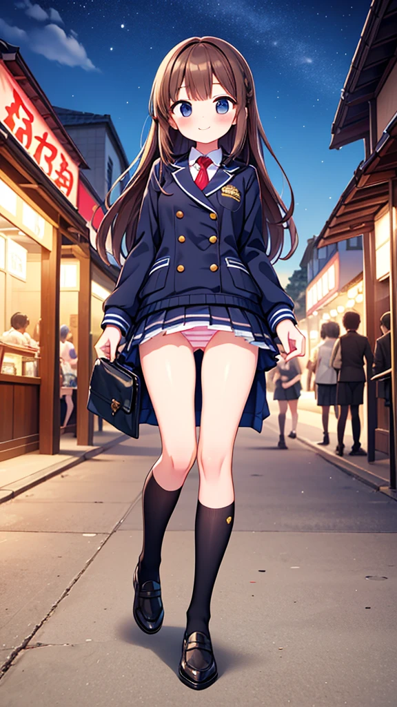 {Highest quality], [Super beautiful], [Ultra fine], [Best illustration], NSFW,Brown Hair, Hime cut, Long Hair, With bangs, girl,high school student,uniform,knit,skirt,smile, blush, Slender women, Adult women,Standing posture,(Public),Night Park,Summer festival,diagonal, Navy blue knee socks,Black Loafers、Stripes々
Panties、Skirt tucked up