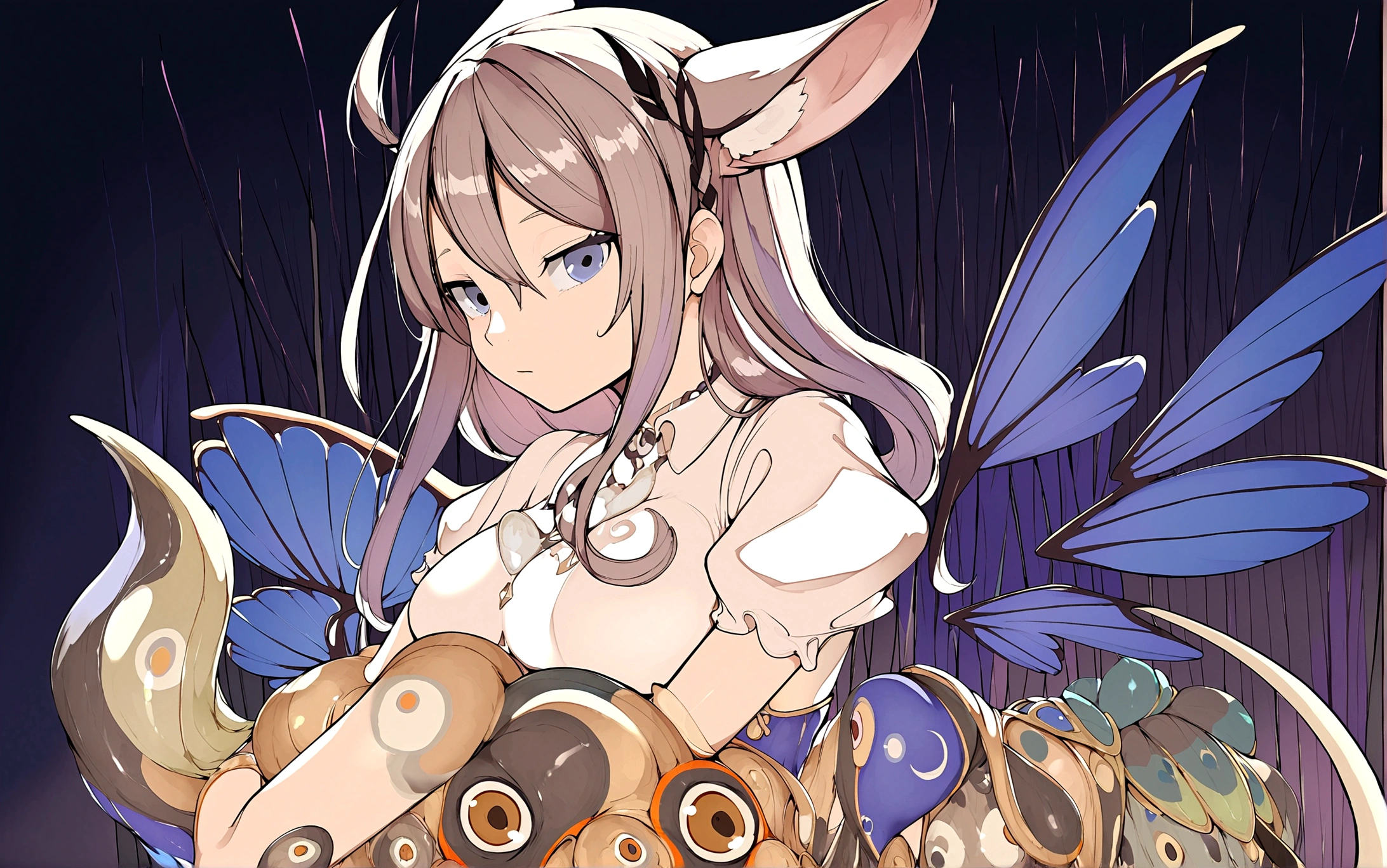 Sex, insect, laying eggs in a girl, White hair, black red eyes, semi nude, torn clothes, smile, egg