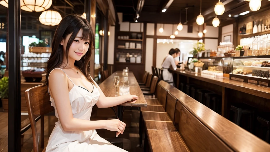 ・A hostess in a Bukicho club ・A Japanese woman in her 20s ・Wearing a gorgeous white dress ・Serving customers while sitting on a chair ・The interior of the store has a high-class atmosphere