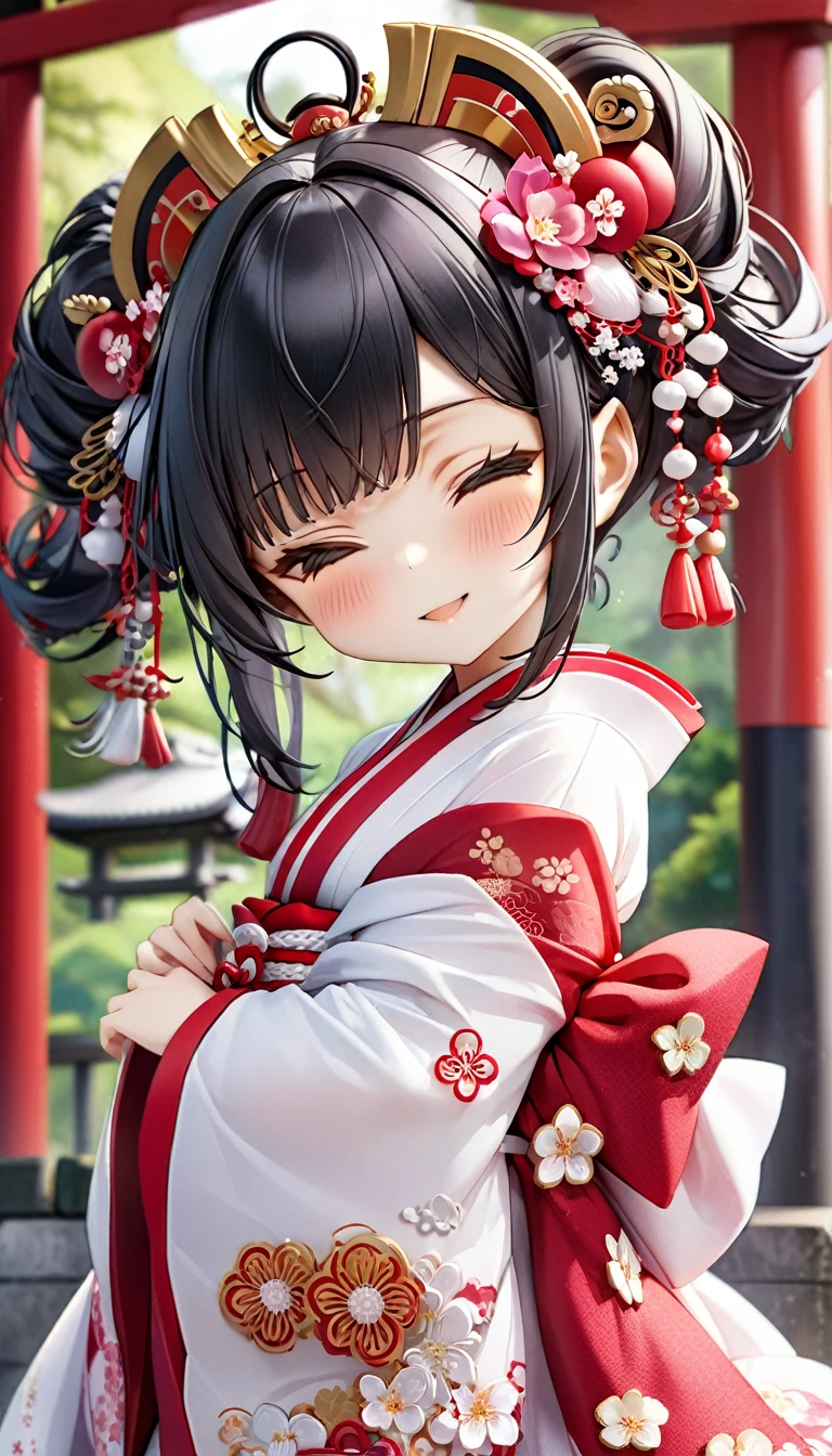(nendoroid:1.8) (Japanese June Bride style) (15 yo, solo) ((blunt bangs, oiran hair)) (black hair long hair sexy shrine maiden girl, sexy closed eyes, love smile) ((beautiful make up)) (in a sexy japanese bride A silk:1.3 White wedding kimono), (in the divine Dazaifu Tenmangu Shrine), BREAK, perfect anatomy, masterpiece, best quality, 16k, beautiful detailed grow, daydreaming expression.