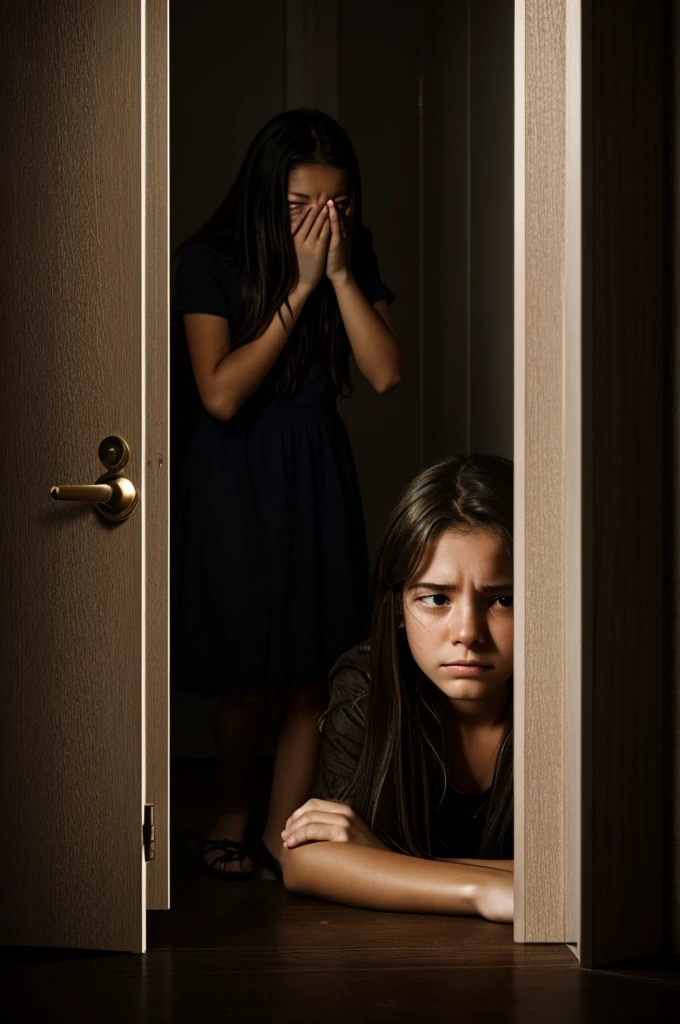 Create an image of a 17-year-old girl who is locked in a room crying and the room is dark. 