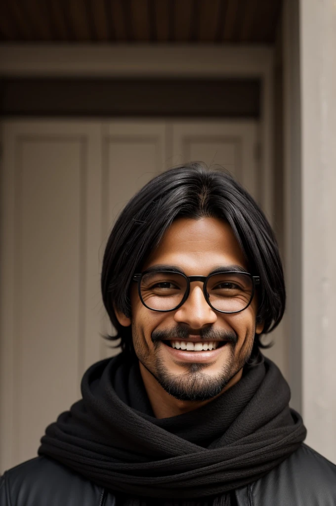 Chico con lentes cabello negro piel palida con abrigo negro,Sonriendo 