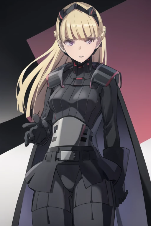 AmSW,long hair,blonde hair,black gloves,purple eyes,black hairband,cape,black bodysuit,medium breasts,braid,blunt bangs,