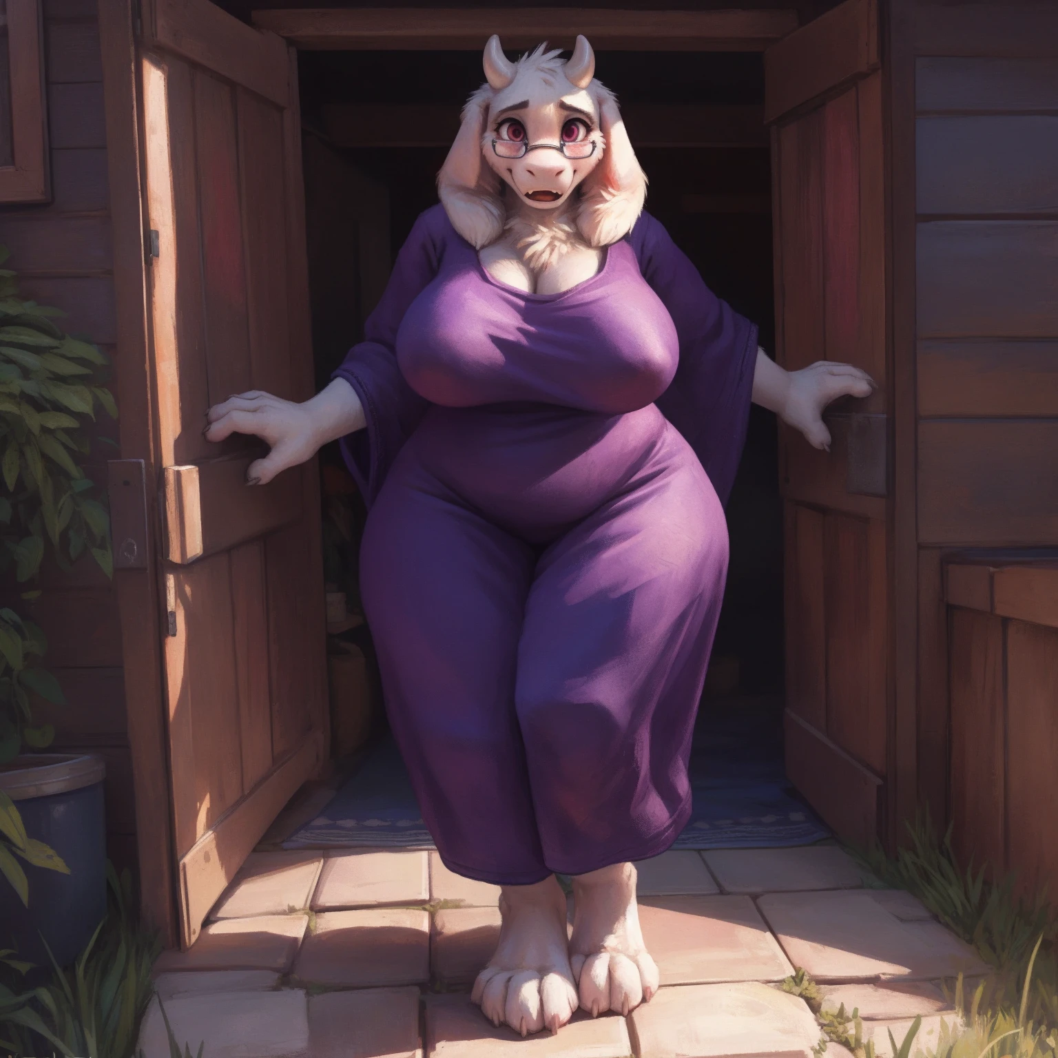 [toriel], [Undertale], [Uploaded to e621.net; (Pixelsketcher), (wamudraws), (woolrool)], ((masterpiece)), ((HD)), ((high quality)), ((solo portrait)), ((front view)), ((feet visible)), ((furry; anthro)), ((detailed fur)), ((detailed shading)), ((beautiful render art)), ((intricate details)), adult, mature, {anthro goat; white fur, white nose, (cute maroon eyes), (short eyelashes), (short goat horn), short fluffy tail, (big ), (gorgeous wide hips), (thick thighs), (kenket), (open mouth, blush, glasses), (surprise), (frown)}, {(big , big , big boobs), (dress, purple dress:1.2), (big butt), (white rune on chest)}, {(standing)), (free hands), (looking at viewer)}, [background; (outside house, open door), (ambient lighting)]
