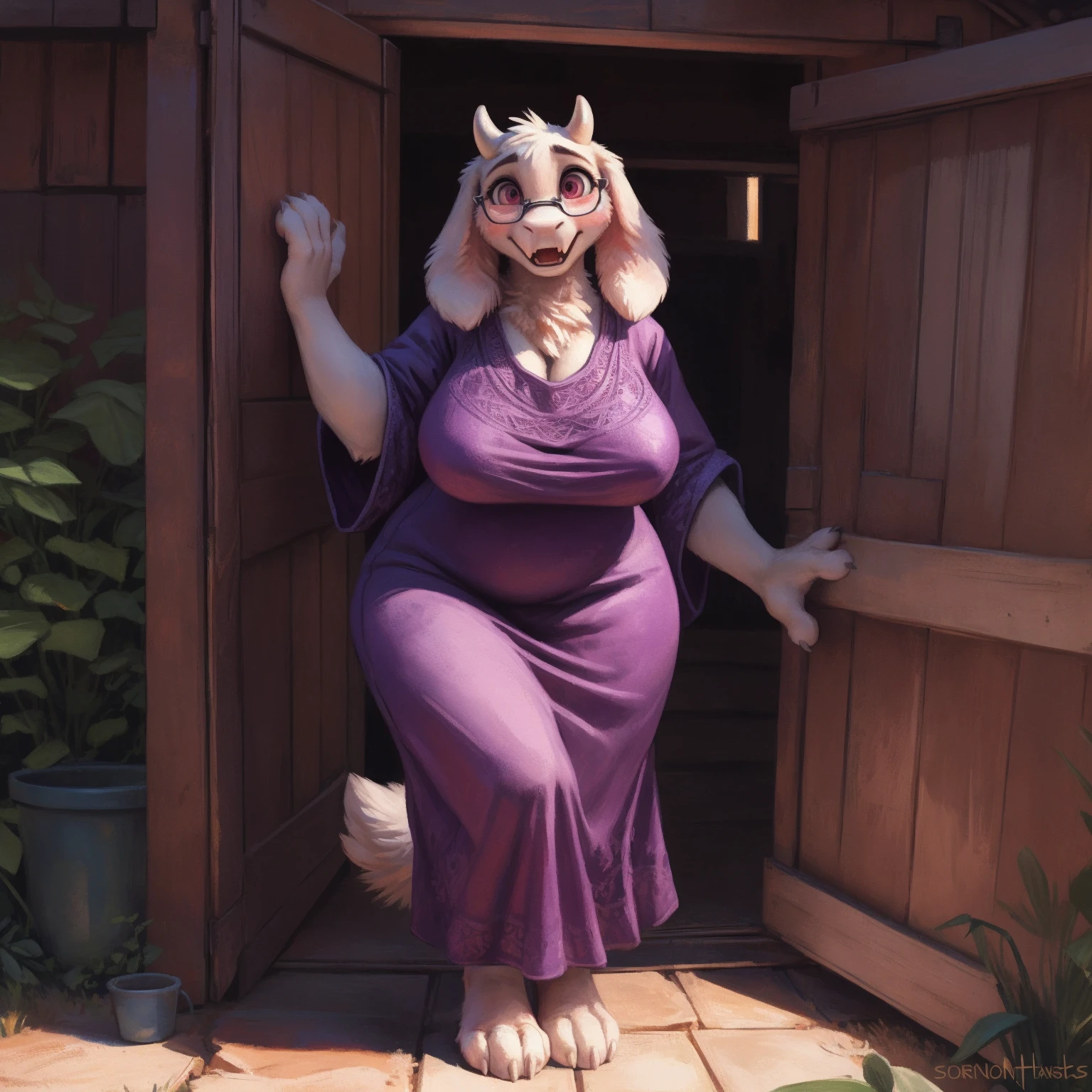 [toriel], [Undertale], [Uploaded to e621.net; (Pixelsketcher), (wamudraws), (woolrool)], ((masterpiece)), ((HD)), ((high quality)), ((solo portrait)), ((front view)), ((feet visible)), ((furry; anthro)), ((detailed fur)), ((detailed shading)), ((beautiful render art)), ((intricate details)), adult, mature, {anthro goat; white fur, white nose, (cute maroon eyes), (short eyelashes), (short goat horn), short fluffy tail, (big ), (gorgeous wide hips), (thick thighs), (kenket), (open mouth, blush, glasses), (surprise), (frown)}, {(big , big , big boobs), (dress, purple dress:1.2), (big butt), (white rune on chest)}, {(standing)), (free hands), (looking at viewer)}, [background; (outside house, open door), (ambient lighting)]
