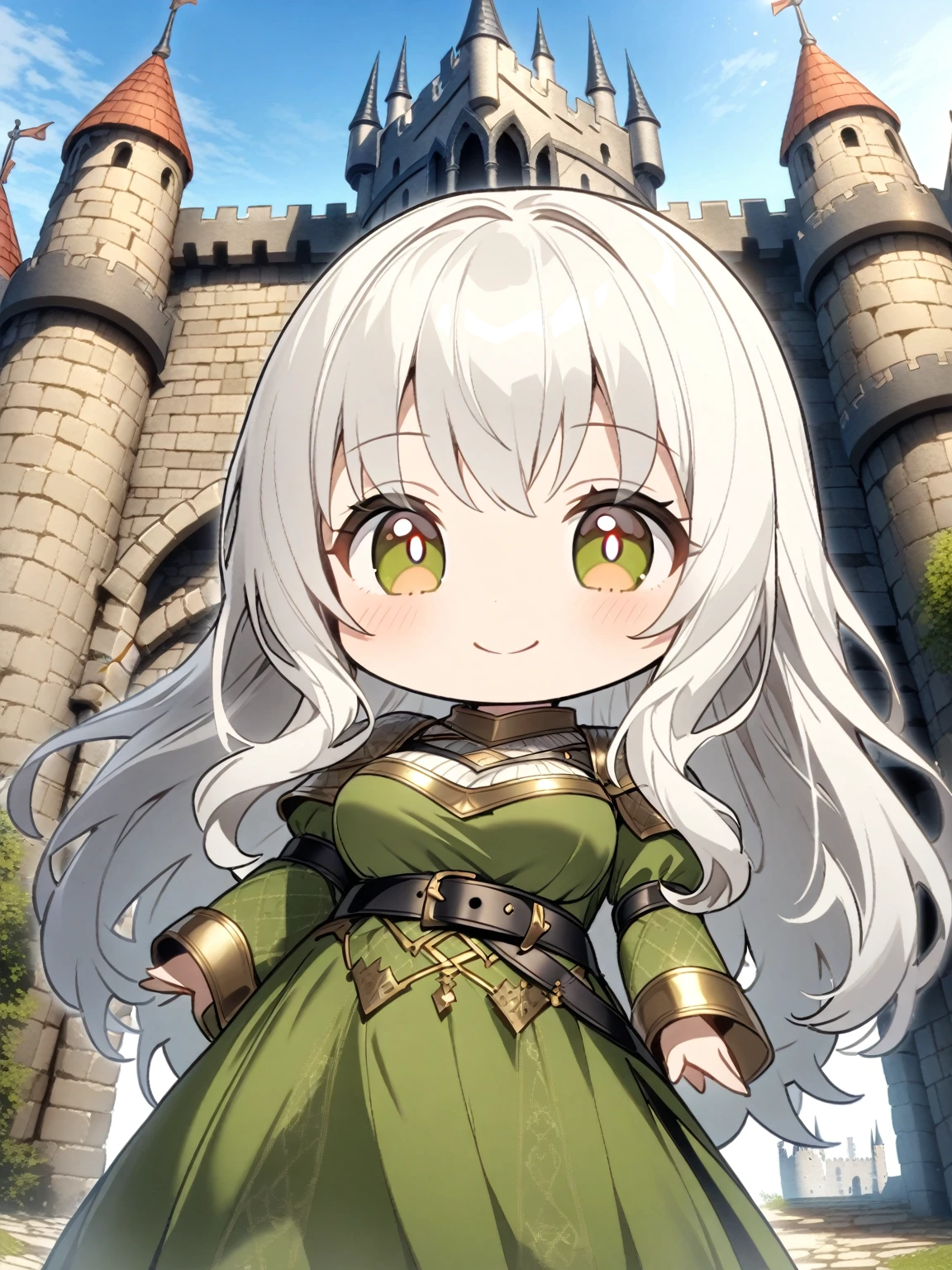 {{upper body, dutch angle}} {{Artist: Kamepan44321}} 1girl, mature female, white hair, longhair, hazel eyes, medium breasts, smiling green dress, black belt with gold, outdoors, castle entrance, standing, hands on sides, pov, medieval fantasy, chibi, solo, no humans