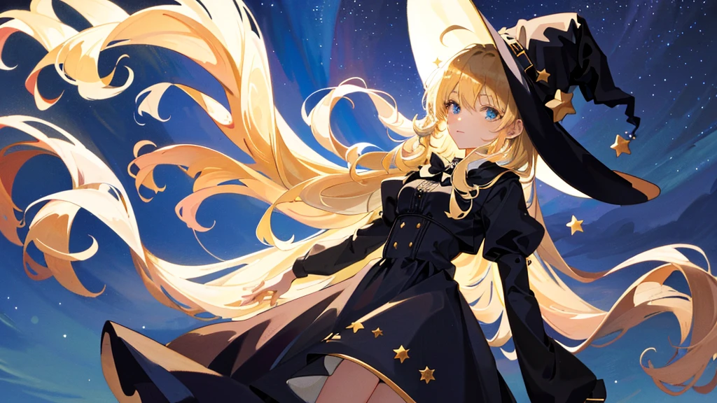 masterpiece, best quality, ultra-detailed, illustration, 1girl, solo, fantasy, flying, floating, Yami the Golden Darkness as a full grown woman, night sky, outdoors, moon, stars, clouds, wind, long layered yellow and blonde hair, elegant black coat, beautiful red eyes, mysterious