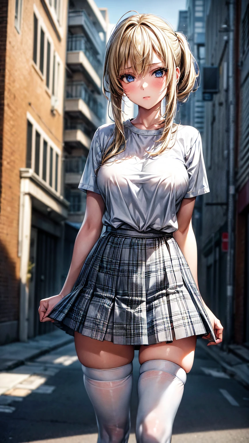 1girl,masterpiece,best quality,blonde hair,[short ponytails],blue eyes,(white stockings),(grey plaid skirt),standing,in full length,medium ,white t shirt,in front of streets,extremely detailed,[[realistic]],beautiful alluring anime teen,seive anime girl,slim body