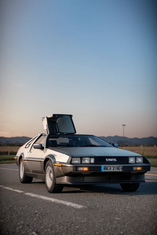 Crie imagens do DeLorean no Filme De Volta Para o Futuro, de noite, em uma cidade, estilo 3d foto realista