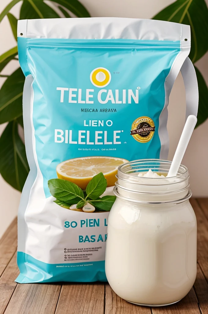 leche en polvo en una bolsa que tenga imagen de leche en la bolsa y que tenga los colores celeste y blanco, y que diga PIL Tarija, y muestre su tabla nutricional.  