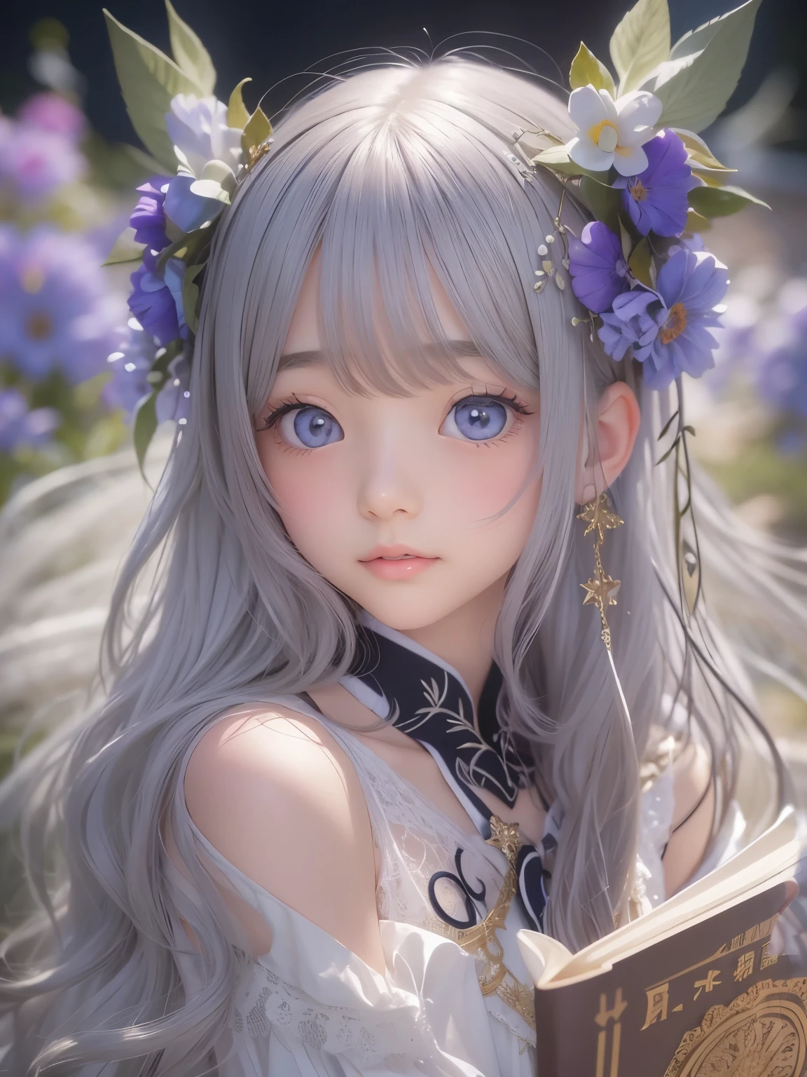 masterpiece, highest quality, Super detailed, figure, , , 1 girl,alone, image body, flower, looking at the viewer, , , purple eyes, eyes like jewels, very fine eyes, highly detailed face,, , star (null), Star, purple energy, handrail, Stream star