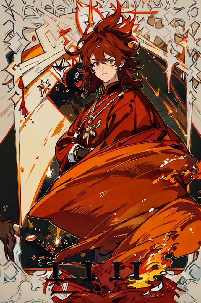 High-quality digital painting of a young man with long brown hair and piercing orange eyes, adorned in majestic royal attire, controlling vibrant flames with a single pair of enormous crimson wings sprouting from his back, intense and powerful, detailed hair and facial features without facial hair and without fire or accessories on the face looking forward, fiery and majestic, fantasy, vibrant color palette, dramatic lighting