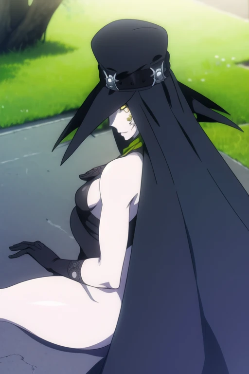 Scathach, solo, female1, shin megami tensei, cape hat, black cape, flower tattoo, gloves, white skin, (yellow eyes 1.5)flowing, sitting, shirt, smile,
BREAK looking at viewer, from behind, cape backwards
BREAK outdoors,
BREAK (masterpiece:1.2), best quality, high resolution, unity 8k wallpaper, (illustration:0.8), (beautiful detailed eyes:1.6), extremely detailed face, perfect lighting, extremely detailed CG, (perfect hands, perfect anatomy),