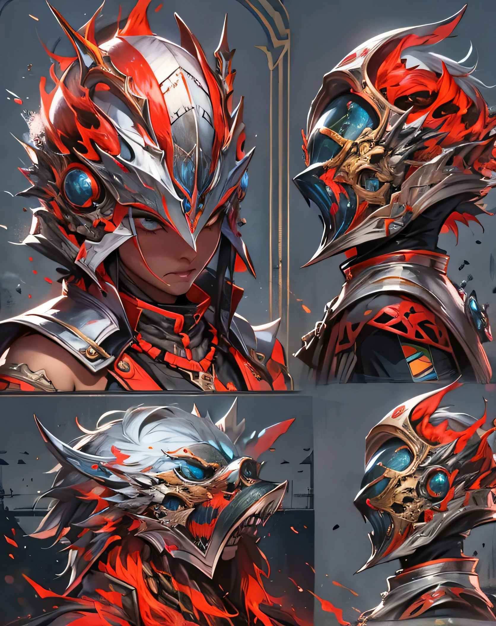 Fantasy style, female general's helmet, red armored helmet, colorful design, helmet lying on the ground, silver and red ensemble,