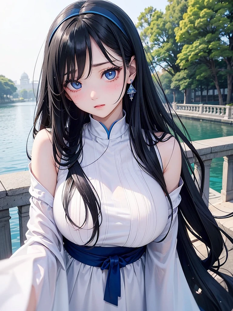 Black Hair、blue eyes、I have long hair、female、White Dress、Blushing、Straight Hair、palace、reservoir、Super long hair、Hair that reaches the ground、head band、Show me your forehead、Drooping eyes、Adult female sex、Big Breasts