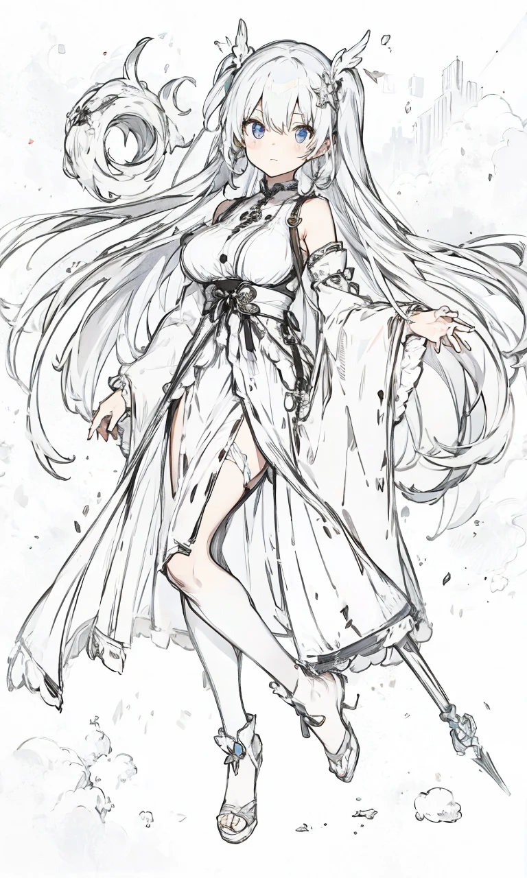 miko dress,big chest,white hair,full body, staff , Red Skirts