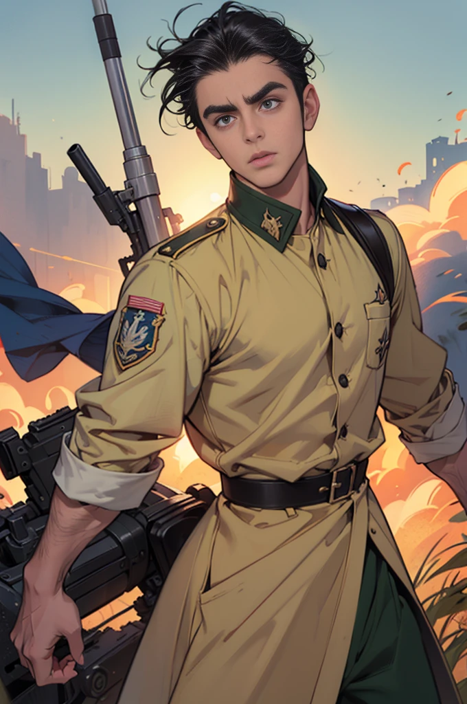 Arte Inspirada John Buscema, World War II poster, vemos uma enfermeira (1mulher)segurando uma pasta, uniforme hospitalar perfeito, short hair up to the shoulders, cor negro, olhos verdes claros, seios pequenos, corpo delgado, imponente em uma tenda hospitalar no Fronte, Cannon fire, A scene showing seriousness and conviction,peitos grandes,de baixo pra cima