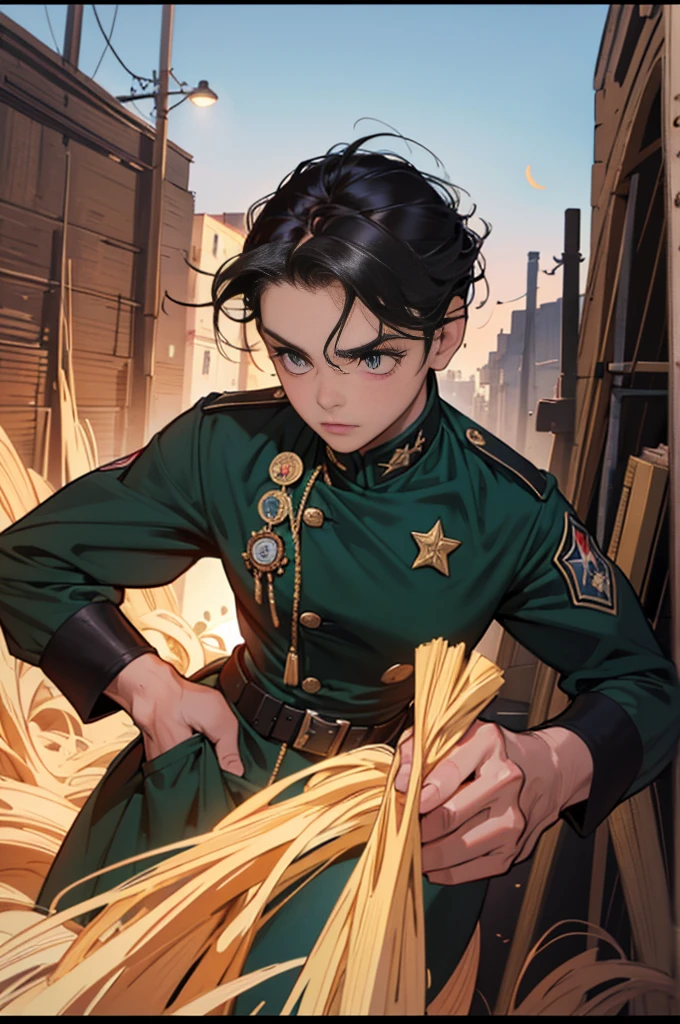 Arte Inspirada John Buscema, World War II poster, vemos uma enfermeira (1mulher)segurando uma pasta, uniforme hospitalar perfeito, short hair up to the shoulders, cor negro, olhos verdes claros, seios pequenos, corpo delgado, imponente em uma tenda hospitalar no Fronte, Cannon fire, A scene showing seriousness and conviction,peitos grandes,de baixo pra cima