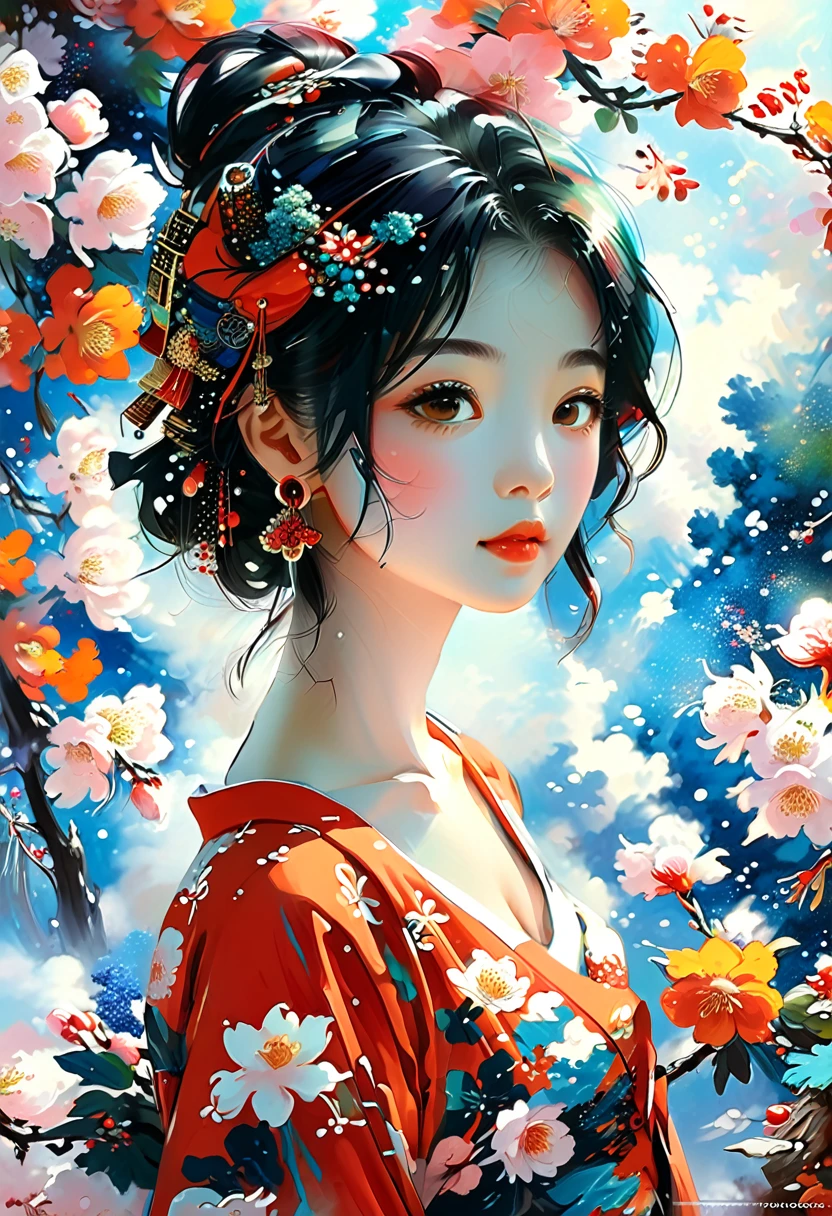 uma mulher ajoelhada rezando, Detalhes intrincados da pintura das florestas japonesas, por range murata, galaxy in the background, nuvem, Cores vivas, alto contraste, montanha, arte da linha vetorial, Destaques Laranja, trends on pixiv, arte conceitual de anime, Grudar, Tapete, alta qualidade, Borda a Borda, Sanskrit INFO