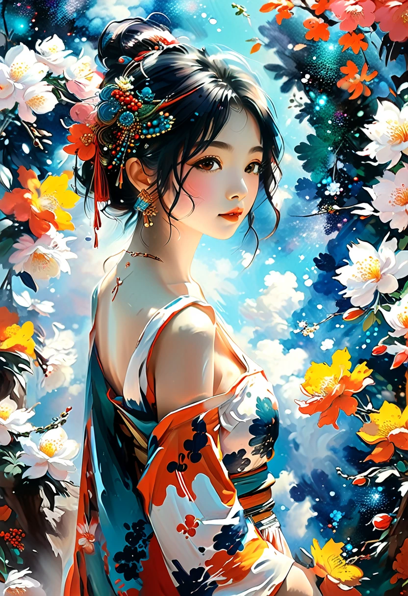 uma mulher ajoelhada rezando, Detalhes intrincados da pintura das florestas japonesas, por range murata, galaxy in the background, nuvem, Cores vivas, alto contraste, montanha, arte da linha vetorial, Destaques Laranja, trends on pixiv, arte conceitual de anime, Grudar, Tapete, alta qualidade, Borda a Borda, Sanskrit INFO