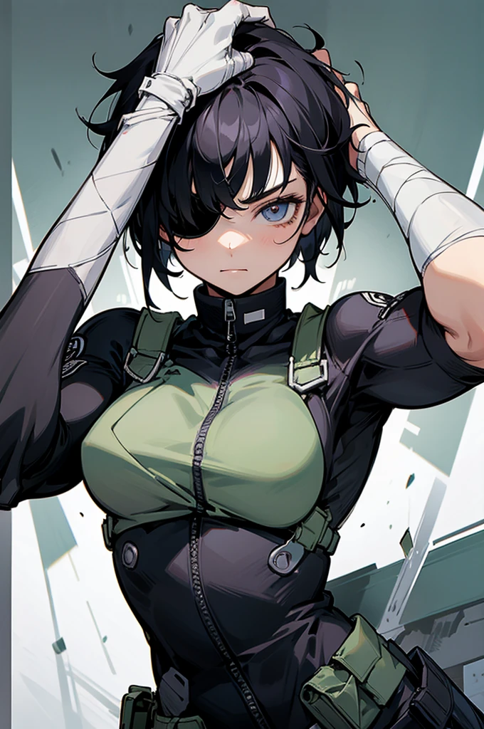Anime style image of a girl with short black hair, she has an eyepatch covering her left eye, she is muscular, and her right arm is wrapped in white bandages and she wears a uniform. Her arm is bandaged.