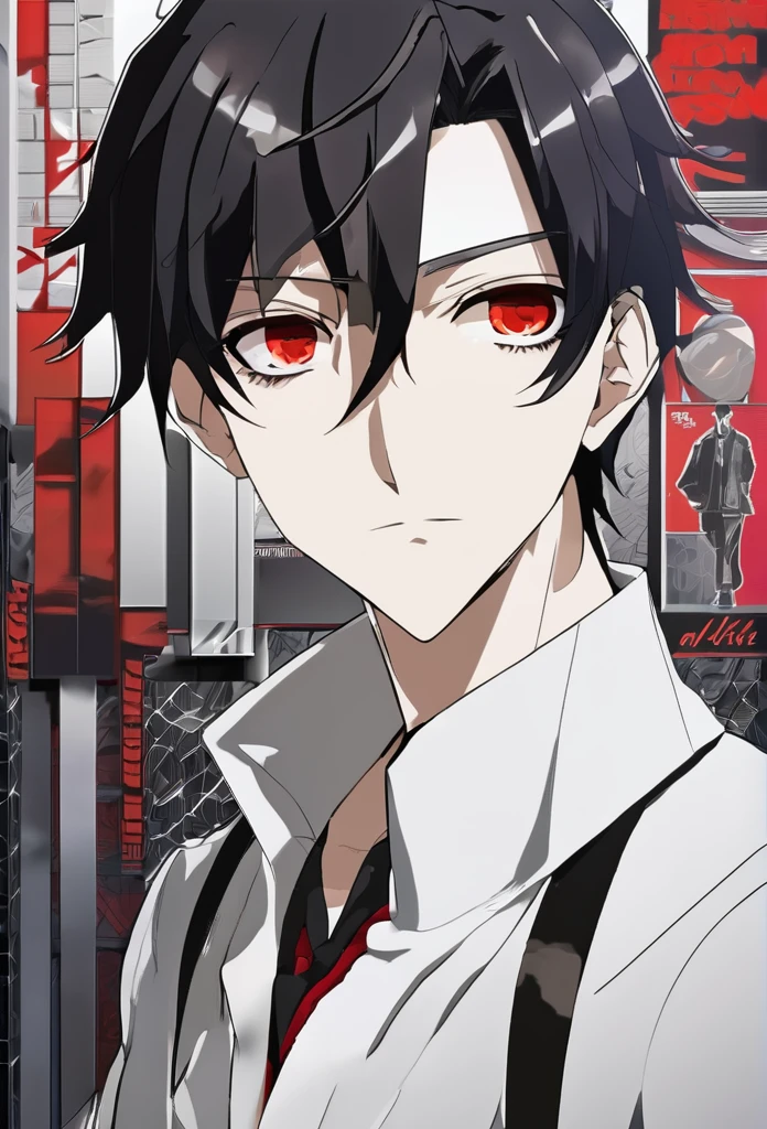 Anime ai is male, has black hair, red eyes and wears a  