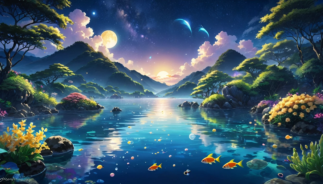 (In the water:1.4),Ocean,colorfulなサンゴ礁,School of tropical fish,Light,bubble,Ocean藻,(浅いOcean:1.4),Sunlight、Fantasy,Ocean底,float、Highest quality、masterpiece、cloud、colorful、Starry Sky、
landscape、landscape、In the waterの中、Create digital illustrations with clear and fine lines。Lo-Fi、月明かりの光がIn the waterまで届く景色、The scene is cozy and warm with beautiful night view and moonlight。The lighting is soft and golden like colorful flowers.、アートスタイルは繊細で細い線を正確に描写したFantasyアートのように詳細である必要があります。The overall look should be clear and dreamy.。Focus on the magical and enchanting environment。People are not allowed、There are no people in the photo。